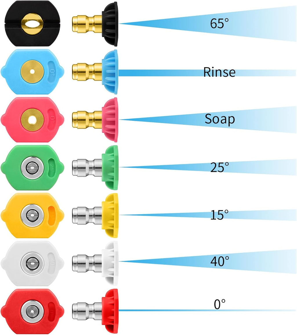 4000 PSI Turbo Nozzle Pressure Washer Pressure Washer Tips 1/4" Quick Connect with 7 Power Washer Nozzle Tips Kit Multiple Degrees (0, 15, 25, 40, 65, Rinse1, Soap2) for Car Concrete Brick